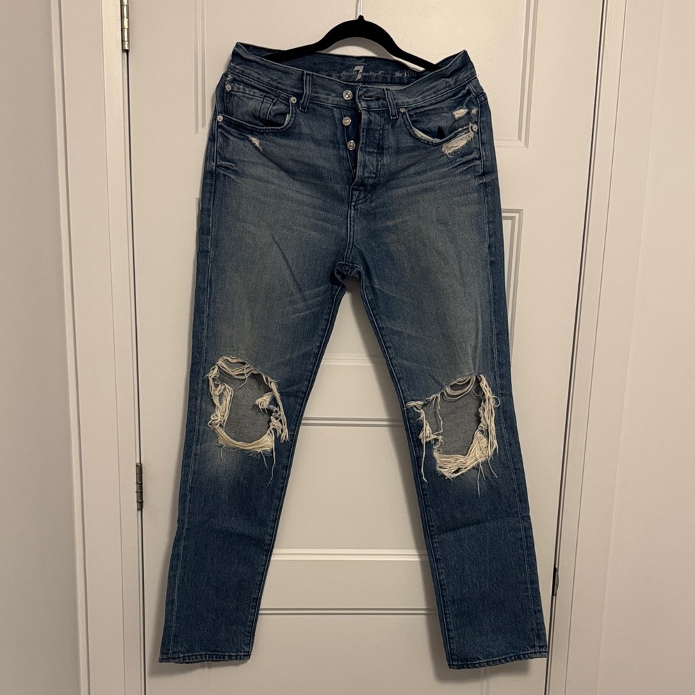 7 For All Mankind Ripped Blue Boyfriend Jeans